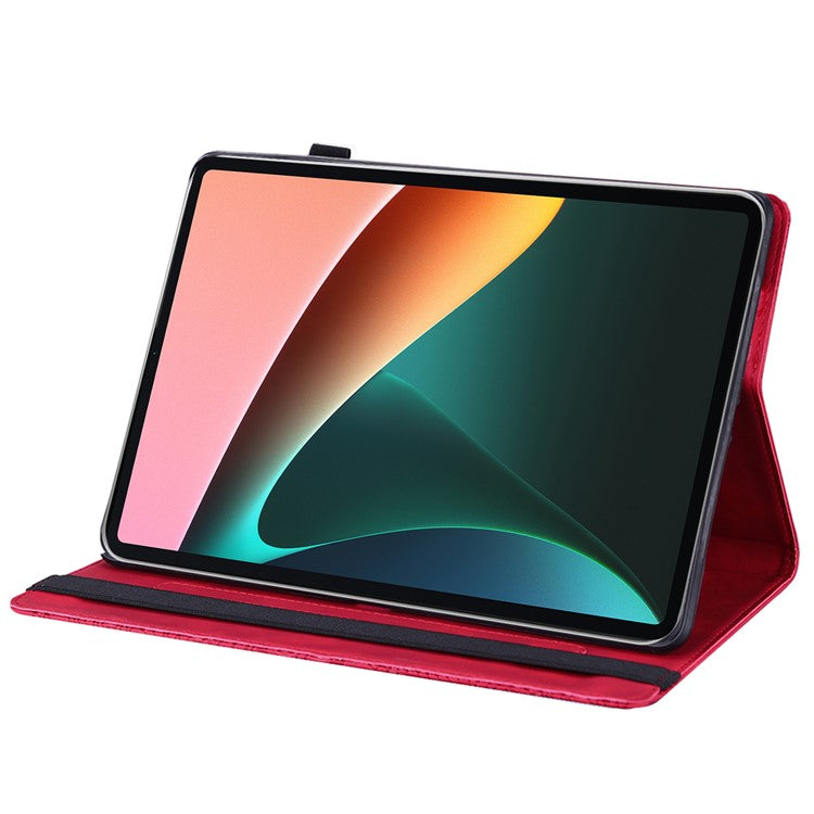 Imprinting Flower Card Slots Stand Design PU Leather Tablet Cover Case for Realme Pad 10.4-inch - Red