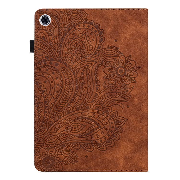 Imprinting Flower Card Slots Stand Design PU Leather Tablet Cover Case for Realme Pad 10.4-inch - Brown