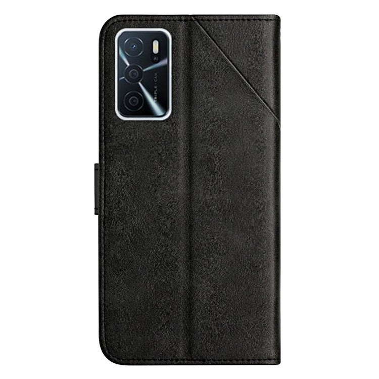 Stripe Design Leather Solid Color Magnetic Clasp Wallet Stand Phone Shell Case for Oppo A16 / A16s / A54s - Black