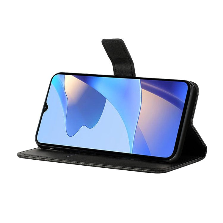 Stripe Design Leather Solid Color Magnetic Clasp Wallet Stand Phone Shell Case for Oppo A16 / A16s / A54s - Black