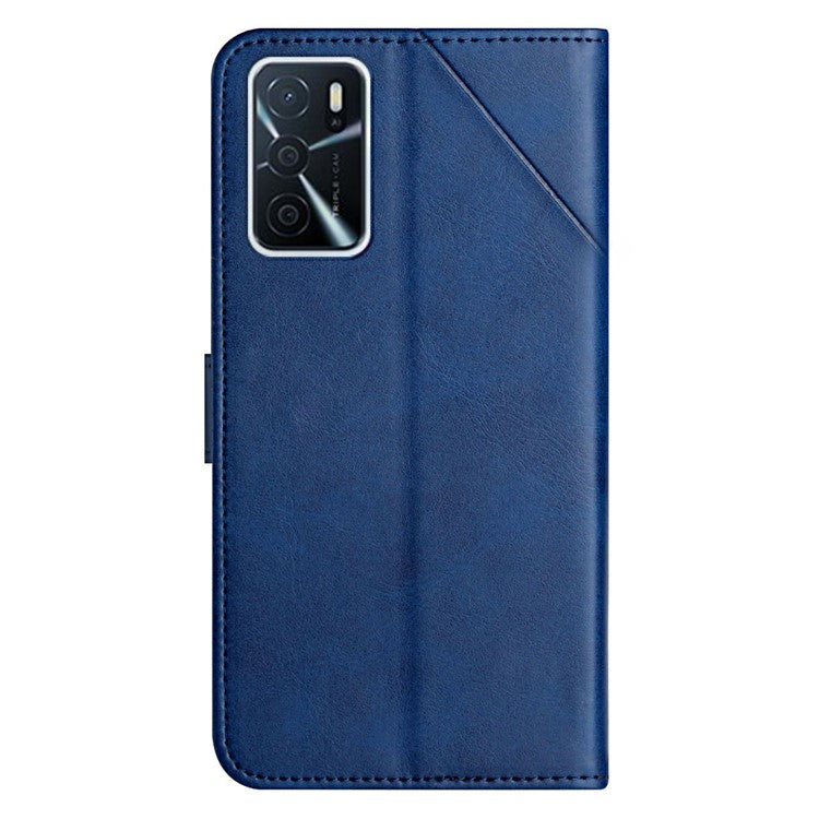 Stripe Design Leather Solid Color Magnetic Clasp Wallet Stand Phone Shell Case for Oppo A16 / A16s / A54s - Blue