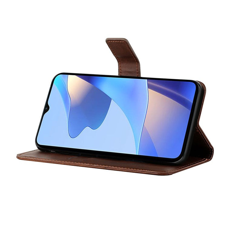 Stripe Design Leather Solid Color Magnetic Clasp Wallet Stand Phone Shell Case for Oppo A16 / A16s / A54s - Coffee