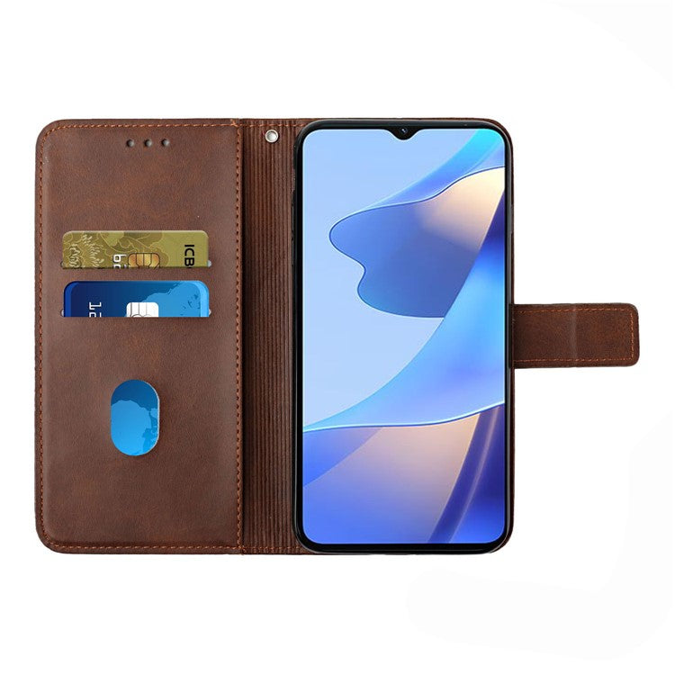Stripe Design Leather Solid Color Magnetic Clasp Wallet Stand Phone Shell Case for Oppo A16 / A16s / A54s - Coffee