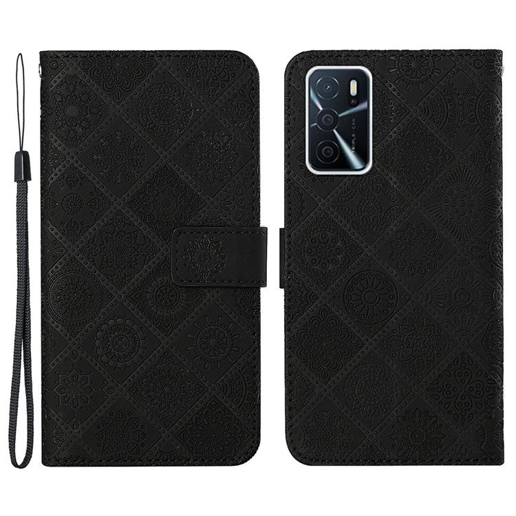 Stand Feature Ethnic Style Imprinted Flower PU Leather Magnetic Flip Shockproof Protective Case with Strap for Oppo A16 - Black