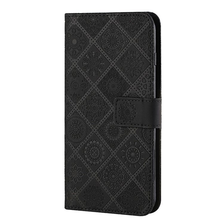 Stand Feature Ethnic Style Imprinted Flower PU Leather Magnetic Flip Shockproof Protective Case with Strap for Oppo A16 - Black