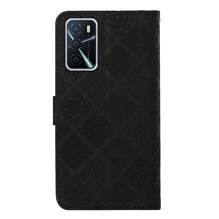 Stand Feature Ethnic Style Imprinted Flower PU Leather Magnetic Flip Shockproof Protective Case with Strap for Oppo A16 - Black