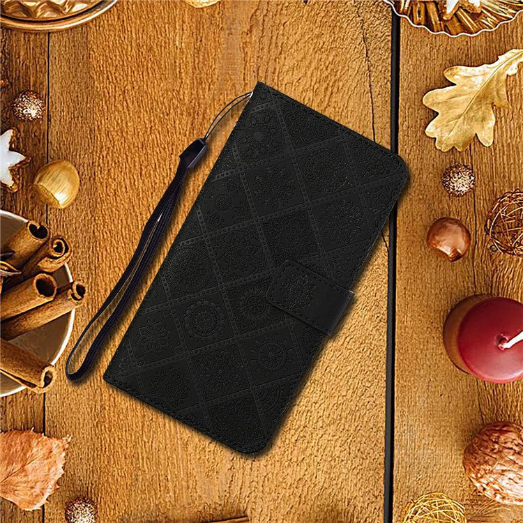 Stand Feature Ethnic Style Imprinted Flower PU Leather Magnetic Flip Shockproof Protective Case with Strap for Oppo A16 - Black
