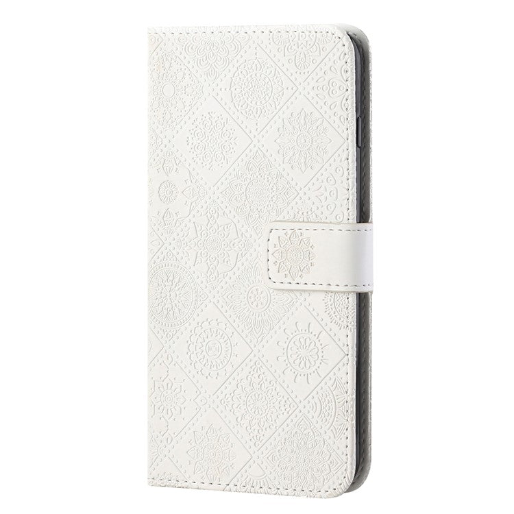 Stand Feature Ethnic Style Imprinted Flower PU Leather Magnetic Flip Shockproof Protective Case with Strap for Oppo A16 - White