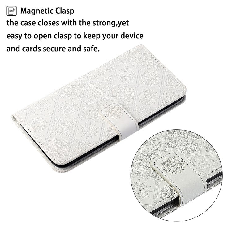 Stand Feature Ethnic Style Imprinted Flower PU Leather Magnetic Flip Shockproof Protective Case with Strap for Oppo A16 - White