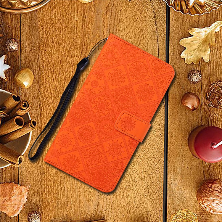 Stand Feature Ethnic Style Imprinted Flower PU Leather Magnetic Flip Shockproof Protective Case with Strap for Oppo A16 - Orange
