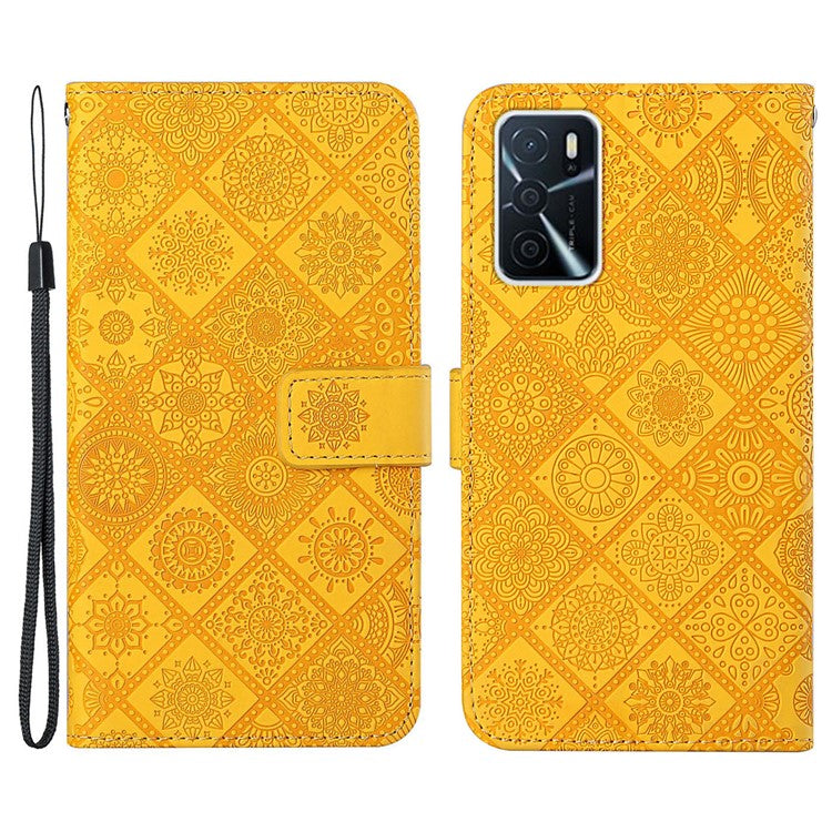 Stand Feature Ethnic Style Imprinted Flower PU Leather Magnetic Flip Shockproof Protective Case with Strap for Oppo A16 - Yellow