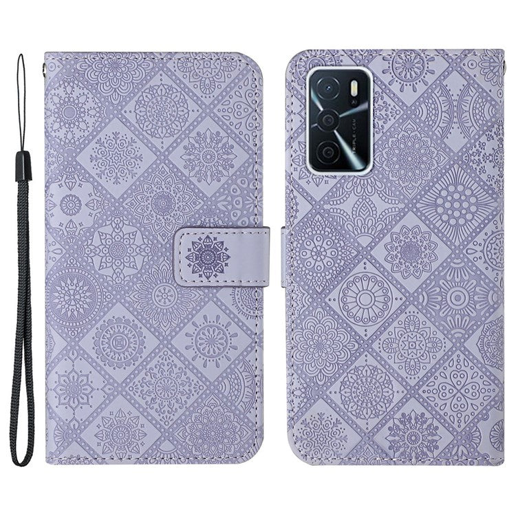 Stand Feature Ethnic Style Imprinted Flower PU Leather Magnetic Flip Shockproof Protective Case with Strap for Oppo A16 - Purple