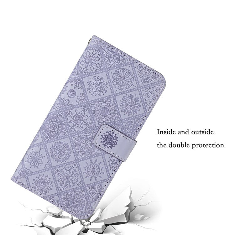 Stand Feature Ethnic Style Imprinted Flower PU Leather Magnetic Flip Shockproof Protective Case with Strap for Oppo A16 - Purple