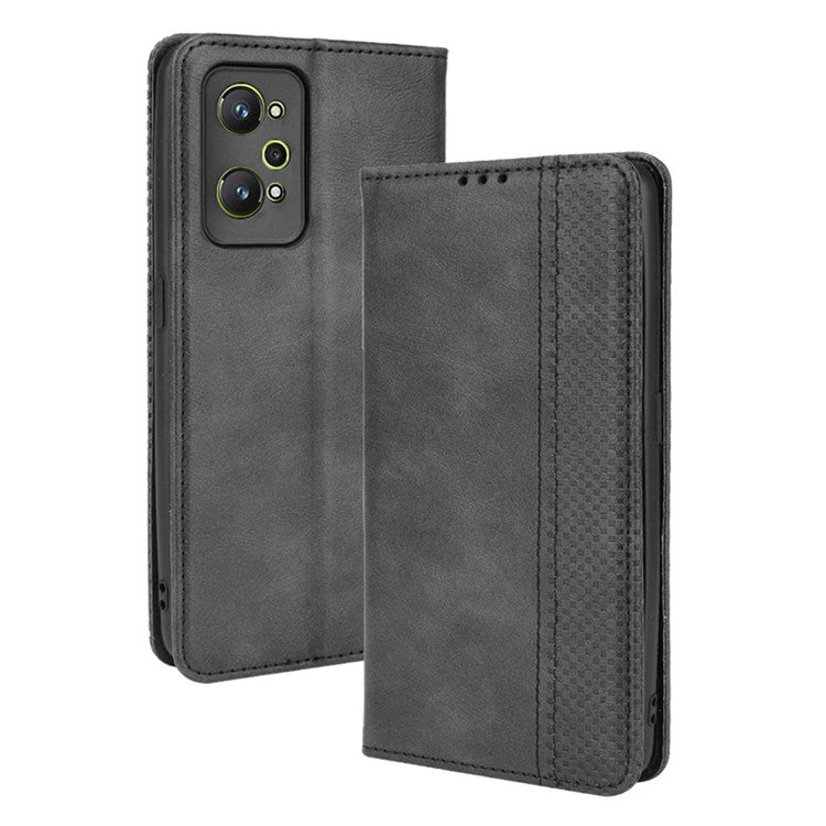 For Realme GT Neo2 5G/GT Neo 3T 5G Anti-Drop Retro Textured Surface Protective Phone Leather Case Wallet Stand Cover - Black