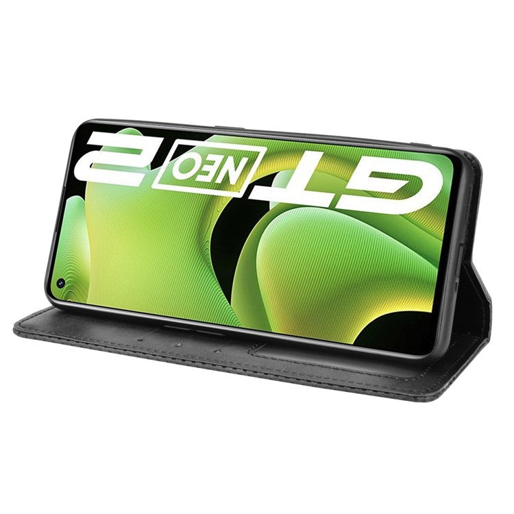 For Realme GT Neo2 5G/GT Neo 3T 5G Anti-Drop Retro Textured Surface Protective Phone Leather Case Wallet Stand Cover - Black