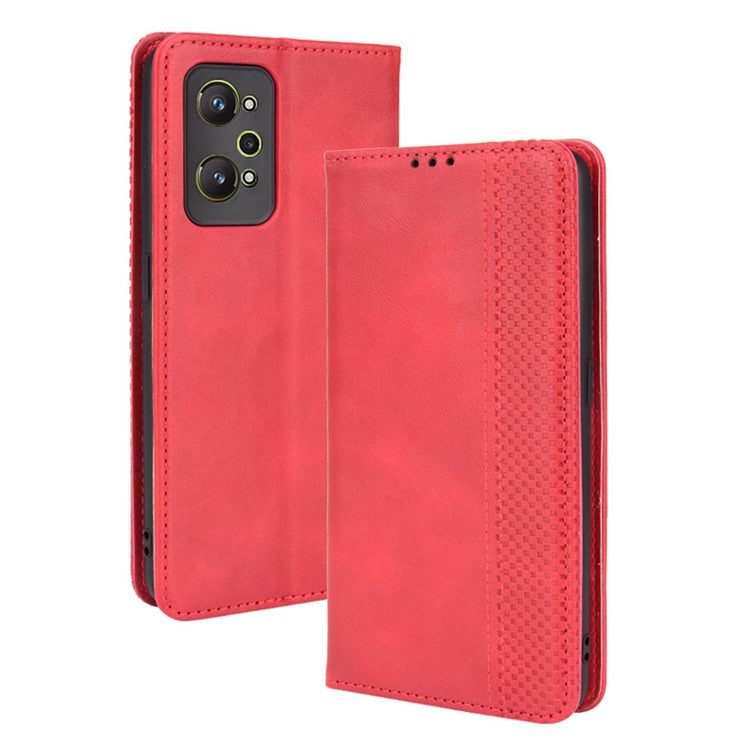For Realme GT Neo2 5G/GT Neo 3T 5G Anti-Drop Retro Textured Surface Protective Phone Leather Case Wallet Stand Cover - Red