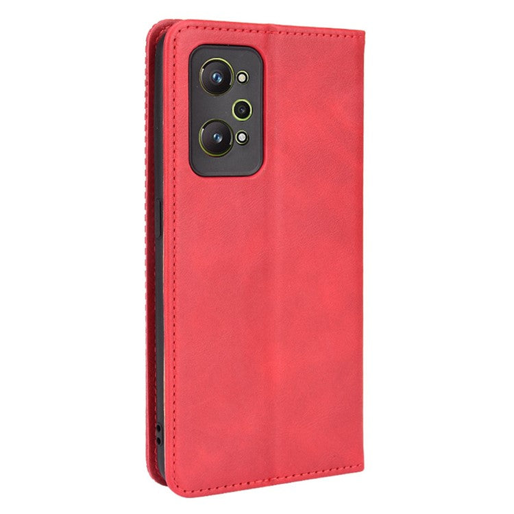 For Realme GT Neo2 5G/GT Neo 3T 5G Anti-Drop Retro Textured Surface Protective Phone Leather Case Wallet Stand Cover - Red