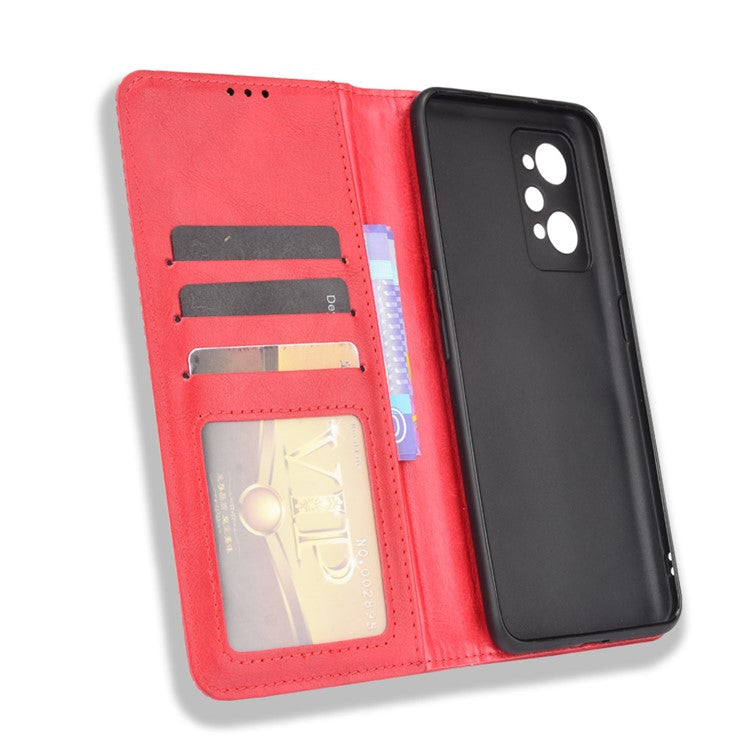 For Realme GT Neo2 5G/GT Neo 3T 5G Anti-Drop Retro Textured Surface Protective Phone Leather Case Wallet Stand Cover - Red