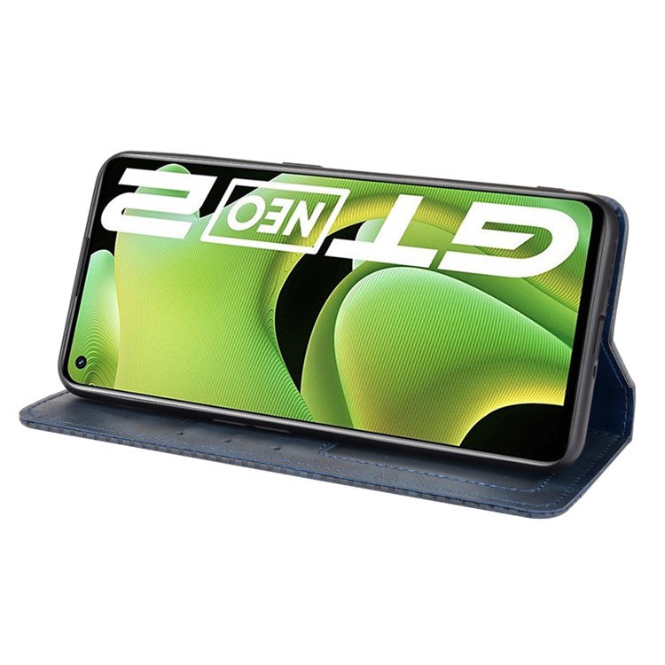 For Realme GT Neo2 5G/GT Neo 3T 5G Anti-Drop Retro Textured Surface Protective Phone Leather Case Wallet Stand Cover - Blue