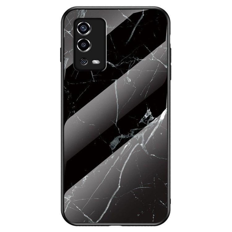 Marble Pattern Shockproof TPU Frame Tempered Glass Back Cover for Oppo A55 4G - Black Marble