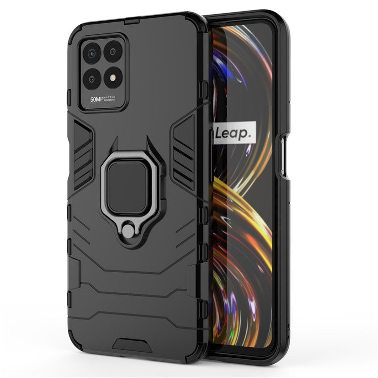 Ring Holder Kickstand Shockproof Hard PC + Soft TPU Phone Hybrid Case Cover for Realme 8i/Narzo 50 4G - Black