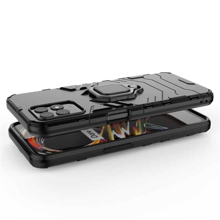 Ring Holder Kickstand Shockproof Hard PC + Soft TPU Phone Hybrid Case Cover for Realme 8i/Narzo 50 4G - Black