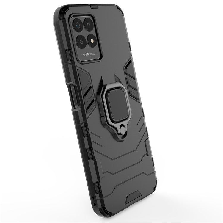 Ring Holder Kickstand Shockproof Hard PC + Soft TPU Phone Hybrid Case Cover for Realme 8i/Narzo 50 4G - Black