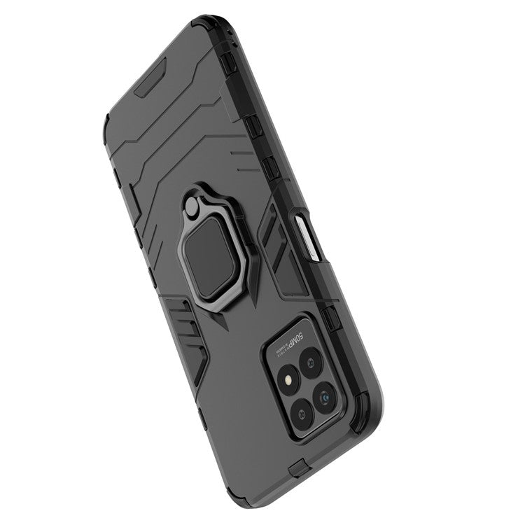 Ring Holder Kickstand Shockproof Hard PC + Soft TPU Phone Hybrid Case Cover for Realme 8i/Narzo 50 4G - Black