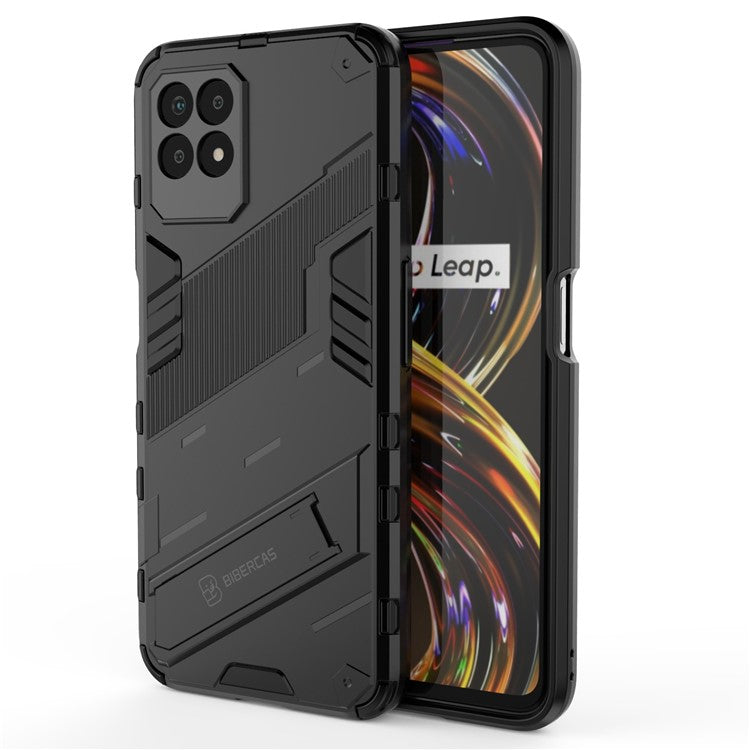 Kickstand Design Hard PC + Soft TPU Anti-Drop Hybrid Phone Case Cover for Realme 8i/Narzo 50 4G - Black
