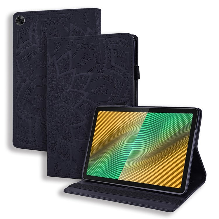 Shockproof Flip Cover Flower Pattern Imprinting Stand Design Anti-fall Leather Tablet Case with Card Slots and Pen Holder for Realme Pad - Black
