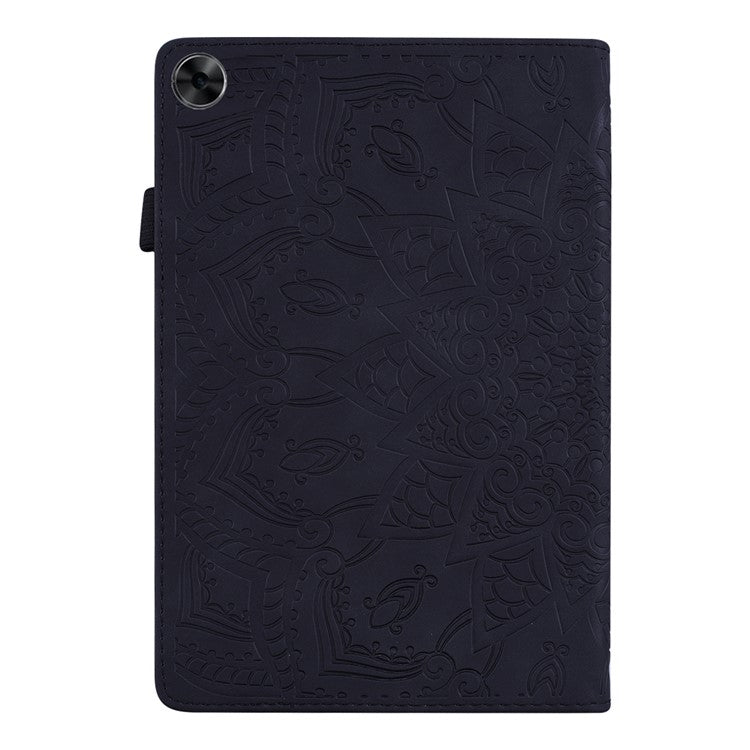 Shockproof Flip Cover Flower Pattern Imprinting Stand Design Anti-fall Leather Tablet Case with Card Slots and Pen Holder for Realme Pad - Black
