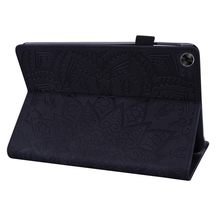 Shockproof Flip Cover Flower Pattern Imprinting Stand Design Anti-fall Leather Tablet Case with Card Slots and Pen Holder for Realme Pad - Black