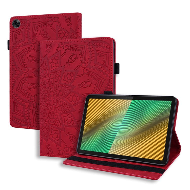 Shockproof Flip Cover Flower Pattern Imprinting Stand Design Anti-fall Leather Tablet Case with Card Slots and Pen Holder for Realme Pad - Red