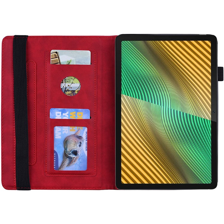Shockproof Flip Cover Flower Pattern Imprinting Stand Design Anti-fall Leather Tablet Case with Card Slots and Pen Holder for Realme Pad - Red