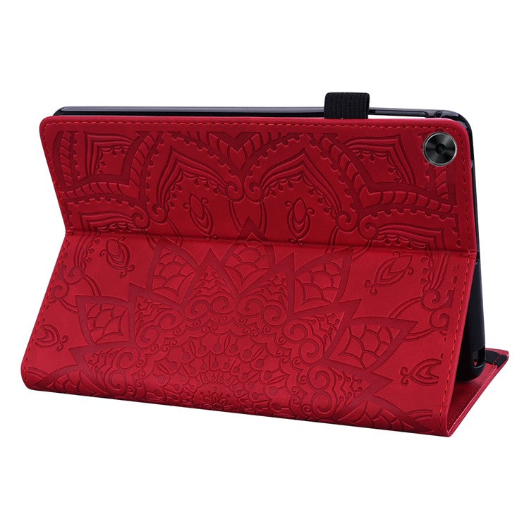 Shockproof Flip Cover Flower Pattern Imprinting Stand Design Anti-fall Leather Tablet Case with Card Slots and Pen Holder for Realme Pad - Red