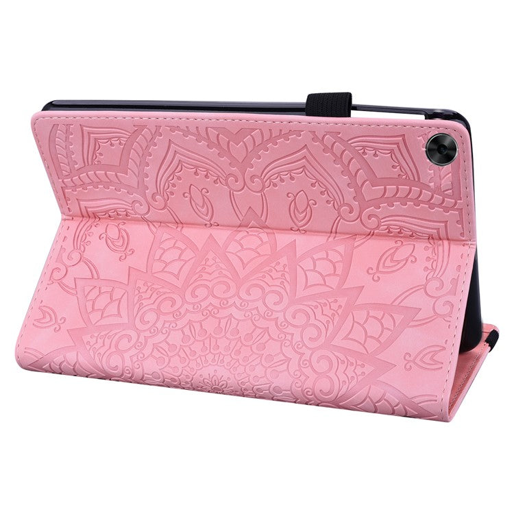 Shockproof Flip Cover Flower Pattern Imprinting Stand Design Anti-fall Leather Tablet Case with Card Slots and Pen Holder for Realme Pad - Pink