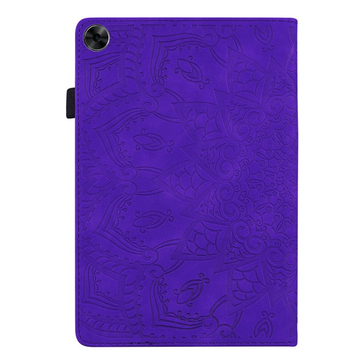 Shockproof Flip Cover Flower Pattern Imprinting Stand Design Anti-fall Leather Tablet Case with Card Slots and Pen Holder for Realme Pad - Purple