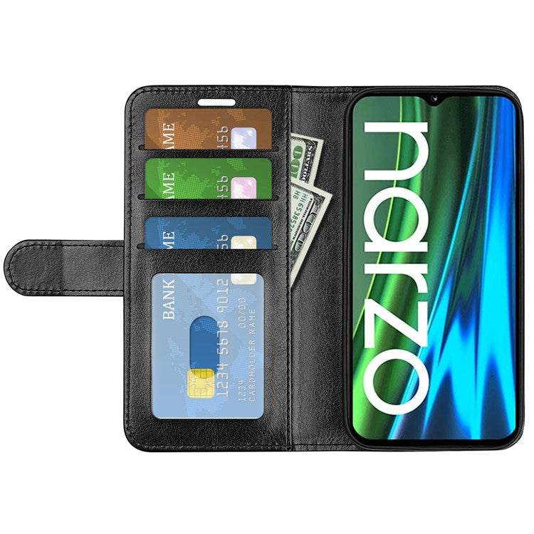 Crazy Horse Texture PU Leather Magnetic Flip Cover Wallet Stand Business Elegant Case for Realme Narzo 50A - Black