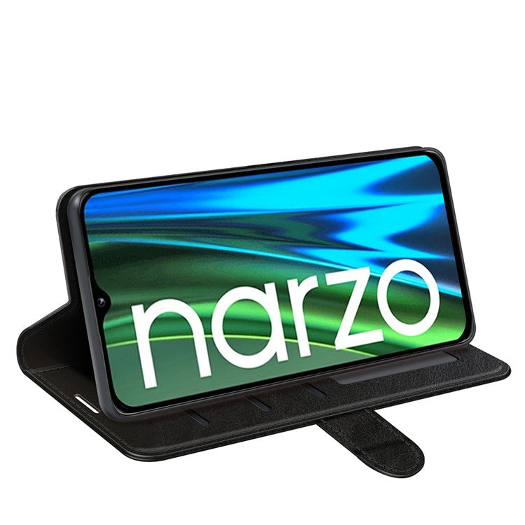 Crazy Horse Texture PU Leather Magnetic Flip Cover Wallet Stand Business Elegant Case for Realme Narzo 50A - Black