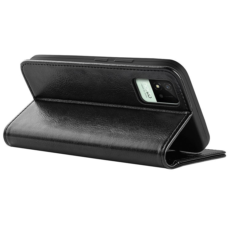 Crazy Horse Texture PU Leather Magnetic Flip Cover Wallet Stand Business Elegant Case for Realme Narzo 50A - Black