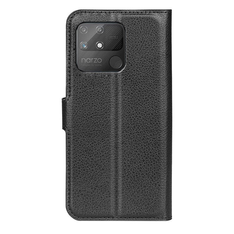 Litchi Texture PU Leather Wallet Case Stand Flip Magnetic Protective Cover for Realme Narzo 50A - Black