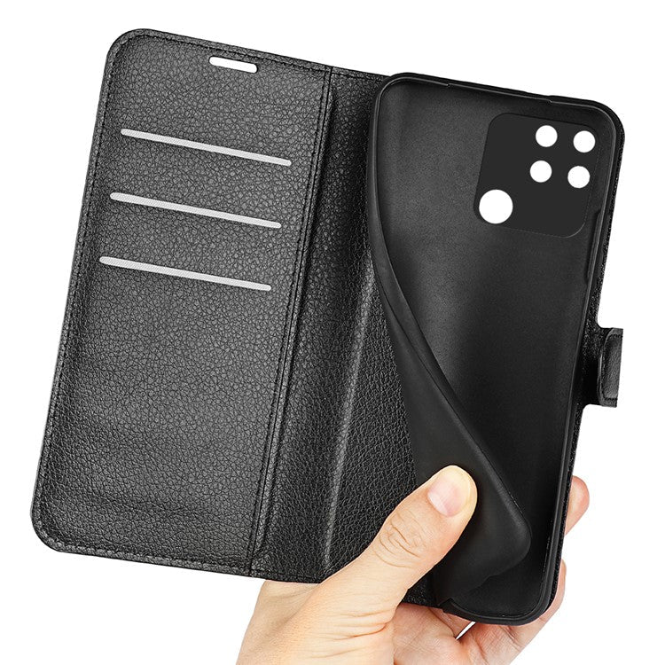 Litchi Texture PU Leather Wallet Case Stand Flip Magnetic Protective Cover for Realme Narzo 50A - Black