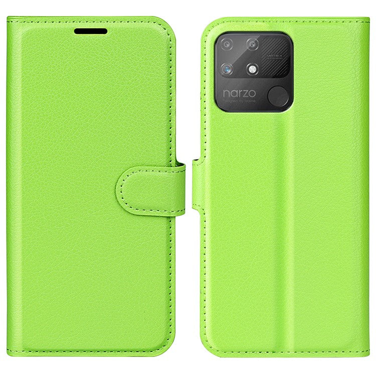 Litchi Texture PU Leather Wallet Case Stand Flip Magnetic Protective Cover for Realme Narzo 50A - Green