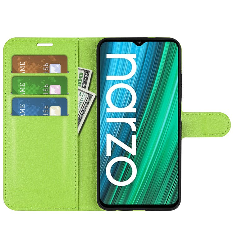 Litchi Texture PU Leather Wallet Case Stand Flip Magnetic Protective Cover for Realme Narzo 50A - Green