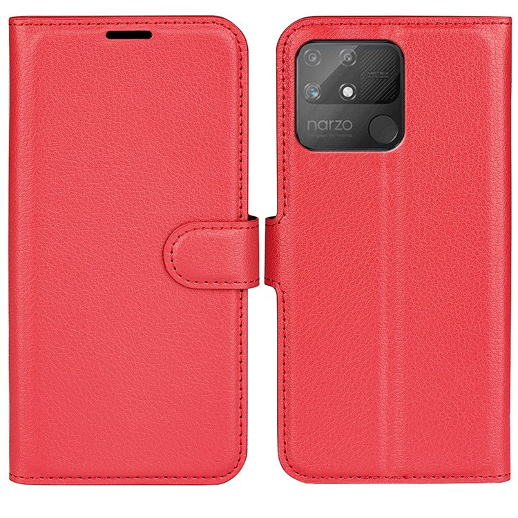 Litchi Texture PU Leather Wallet Case Stand Flip Magnetic Protective Cover for Realme Narzo 50A - Red