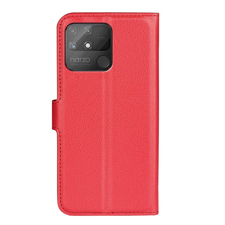 Litchi Texture PU Leather Wallet Case Stand Flip Magnetic Protective Cover for Realme Narzo 50A - Red
