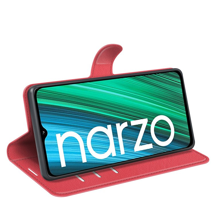 Litchi Texture PU Leather Wallet Case Stand Flip Magnetic Protective Cover for Realme Narzo 50A - Red