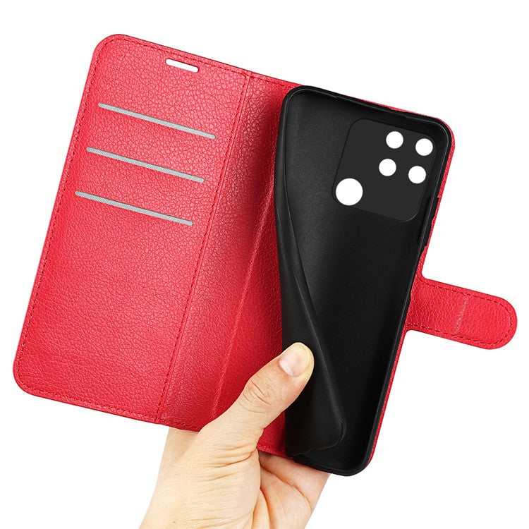 Litchi Texture PU Leather Wallet Case Stand Flip Magnetic Protective Cover for Realme Narzo 50A - Red