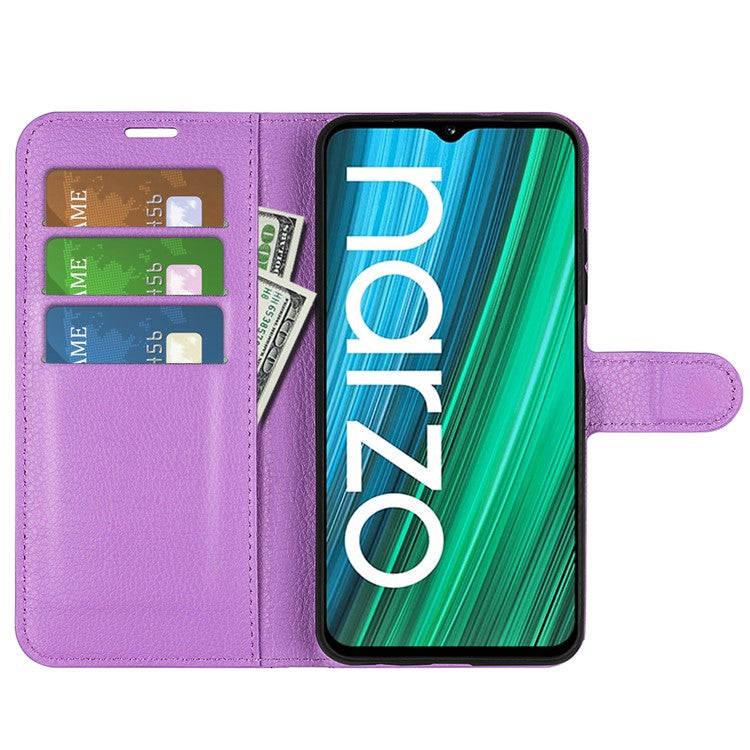 Litchi Texture PU Leather Wallet Case Stand Flip Magnetic Protective Cover for Realme Narzo 50A - Purple