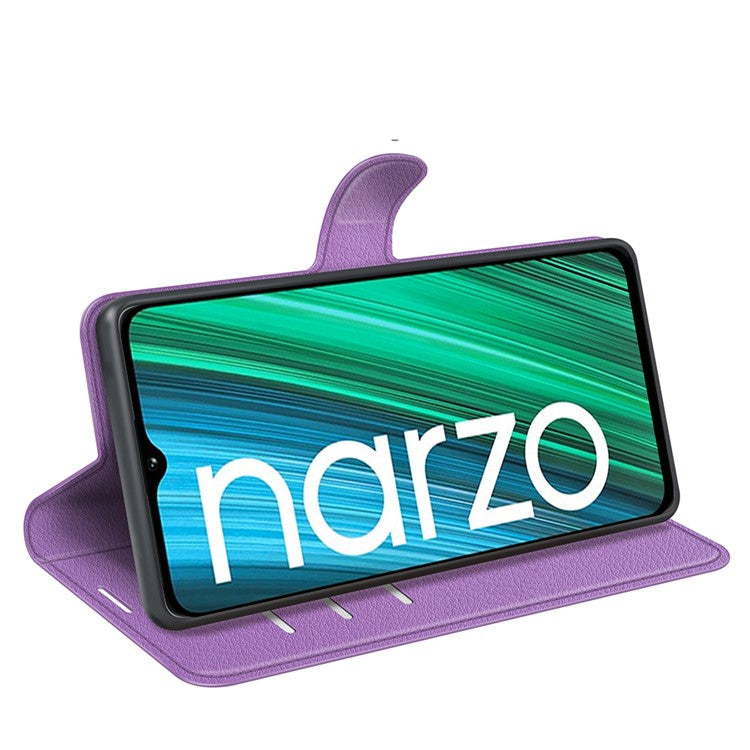Litchi Texture PU Leather Wallet Case Stand Flip Magnetic Protective Cover for Realme Narzo 50A - Purple